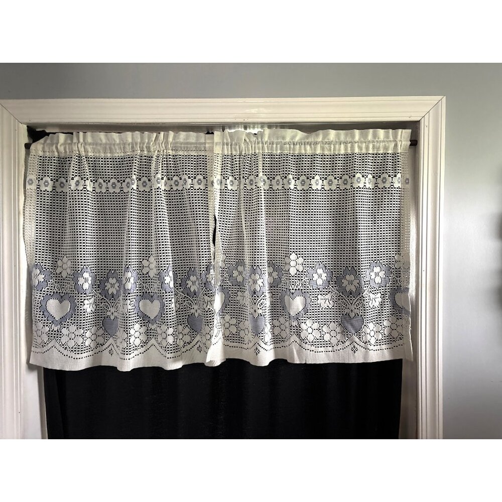 Lace Kitchen Cream & Blue Curtain Valance 27"W X 25"L Hearts Flowers Design